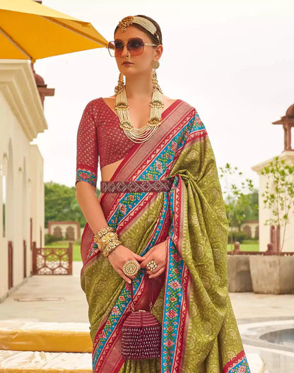 Patola Silk Fabric Mehendi Green Contrast Saree