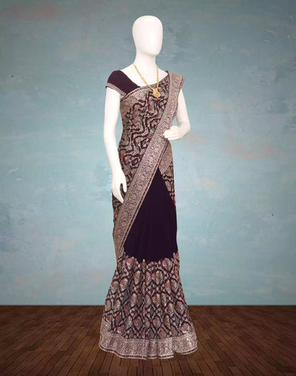 Wine Colour Embroidery with Stones work Georgette Saree