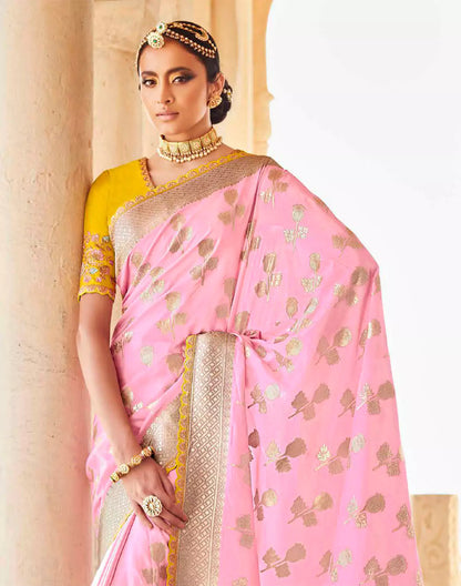 Light Pink Banarasi Dola Silk Lace Border Saree With Embroidered Blouse