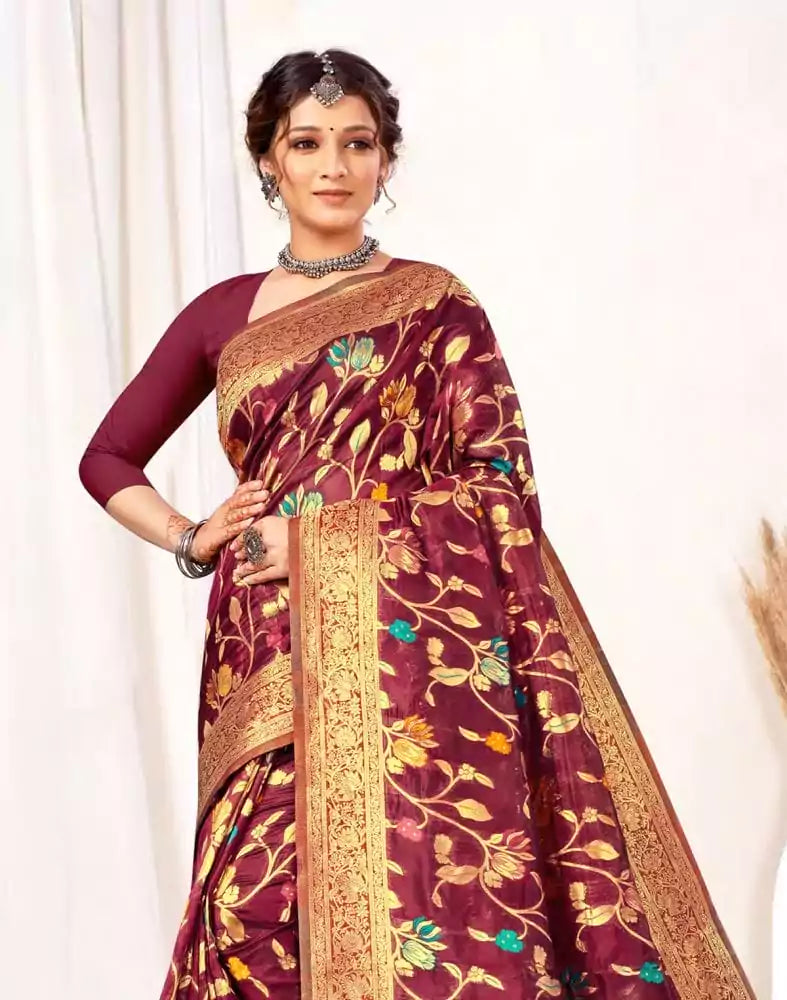 Wine Floral Banaras Weave Fancy Saree