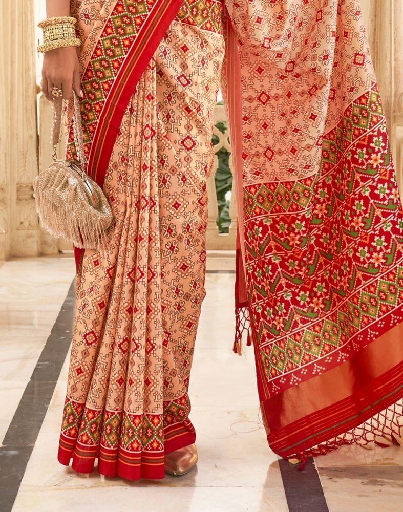 Peach Coloured Ikat Print Patola Fancy Saree