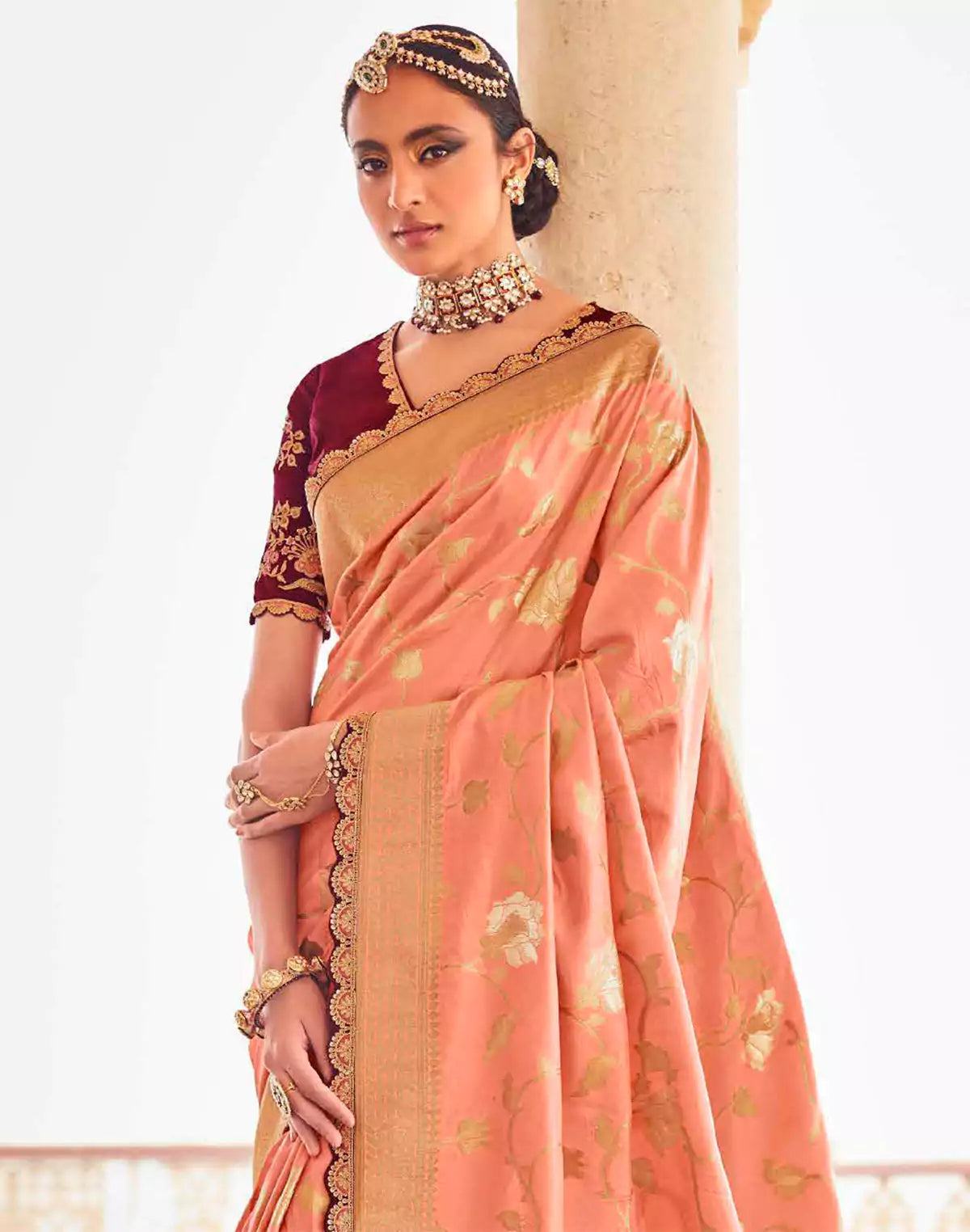 Soft Dola Silk Fancy Lace Border Light Peach Saree and Designer Blouse