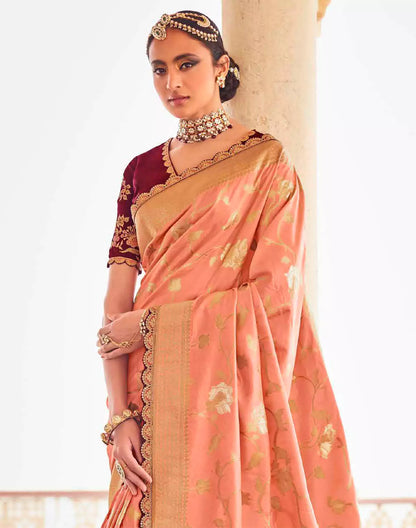Soft Dola Silk Fancy Lace Border Light Peach Saree and Designer Blouse