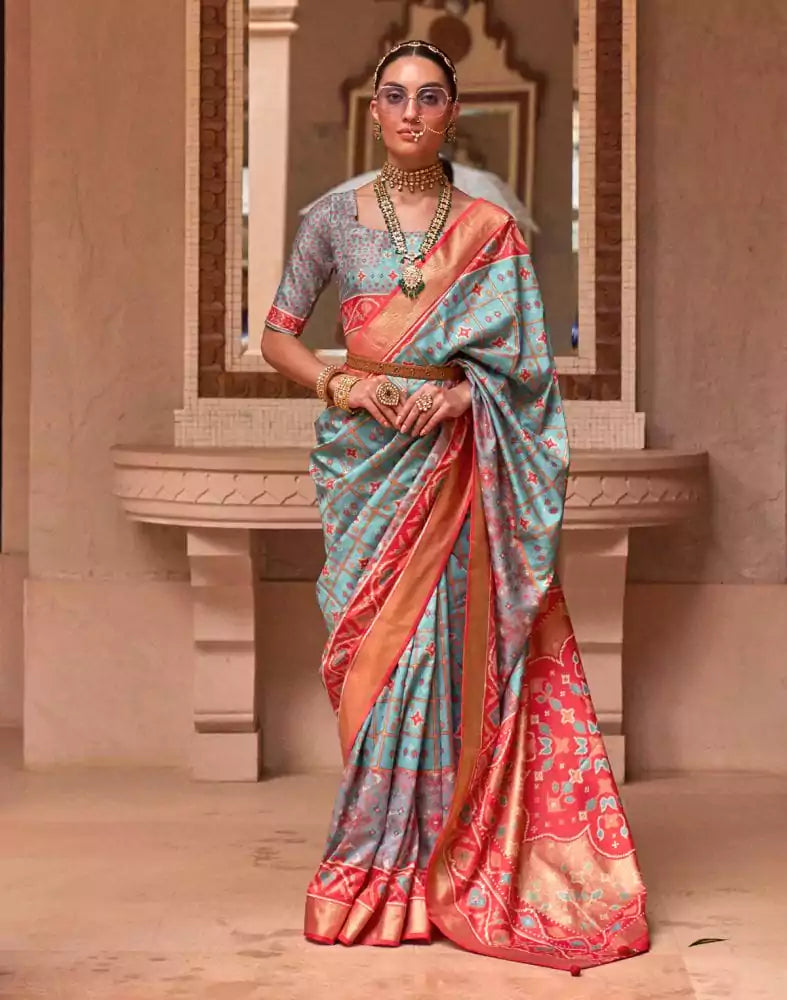 Stylish Sky Blue Color Ikat Print Patola Saree