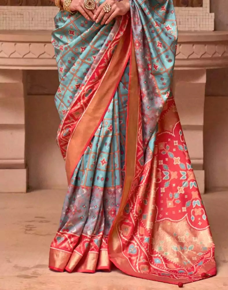 Stylish Sky Blue Color Ikat Print Patola Saree