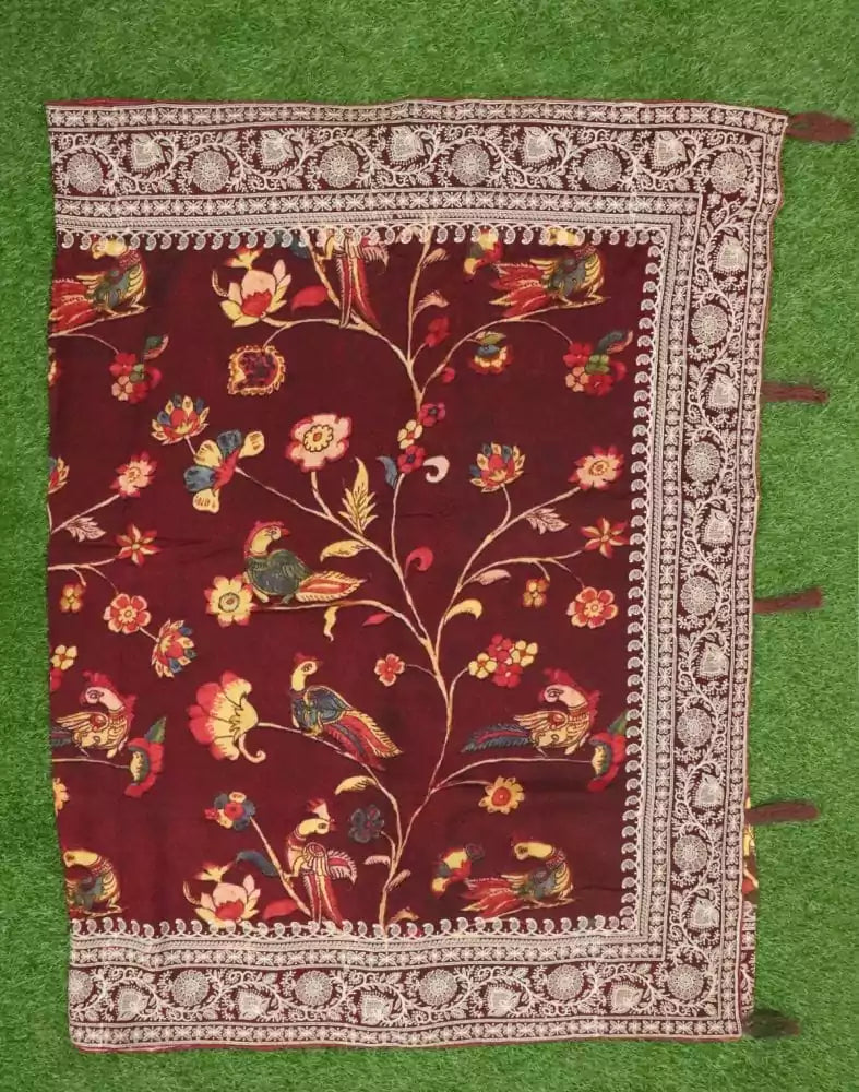 Maroon Floral Printed Dola Silk Saree