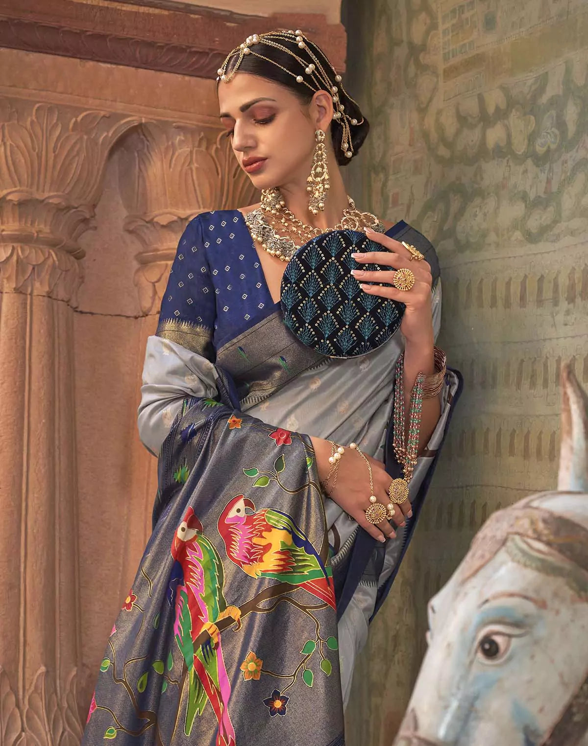 Grey Coloured Paithani Soft Banaras Silk Saree