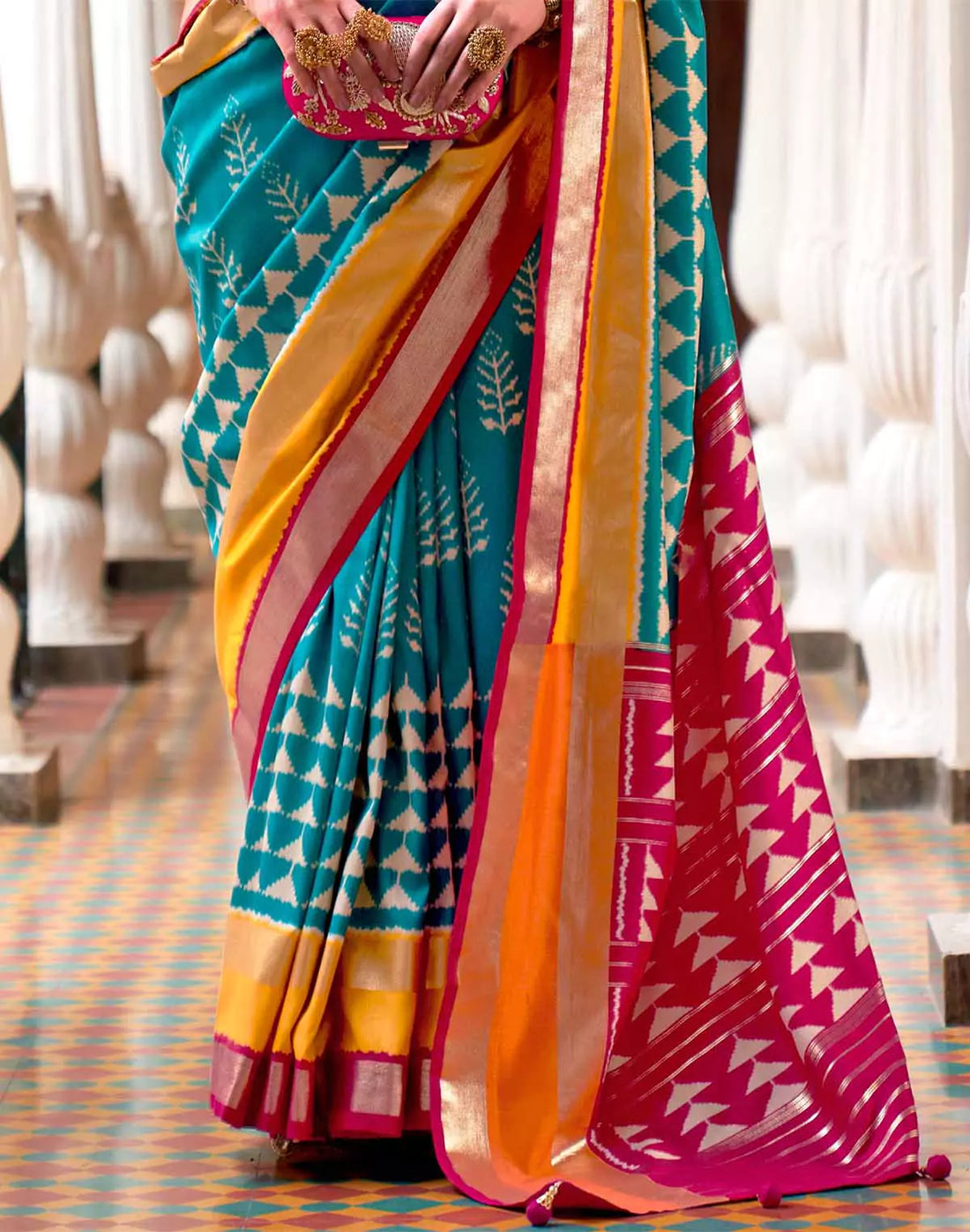 Blue and Pink Patola Silk Contrast Blouse Saree
