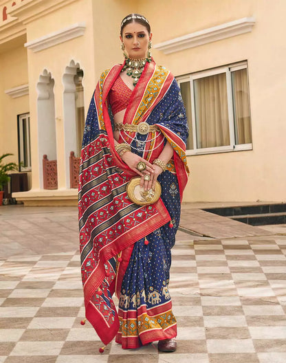 Navy Blue Palkhi Patola Contrast Border Saree
