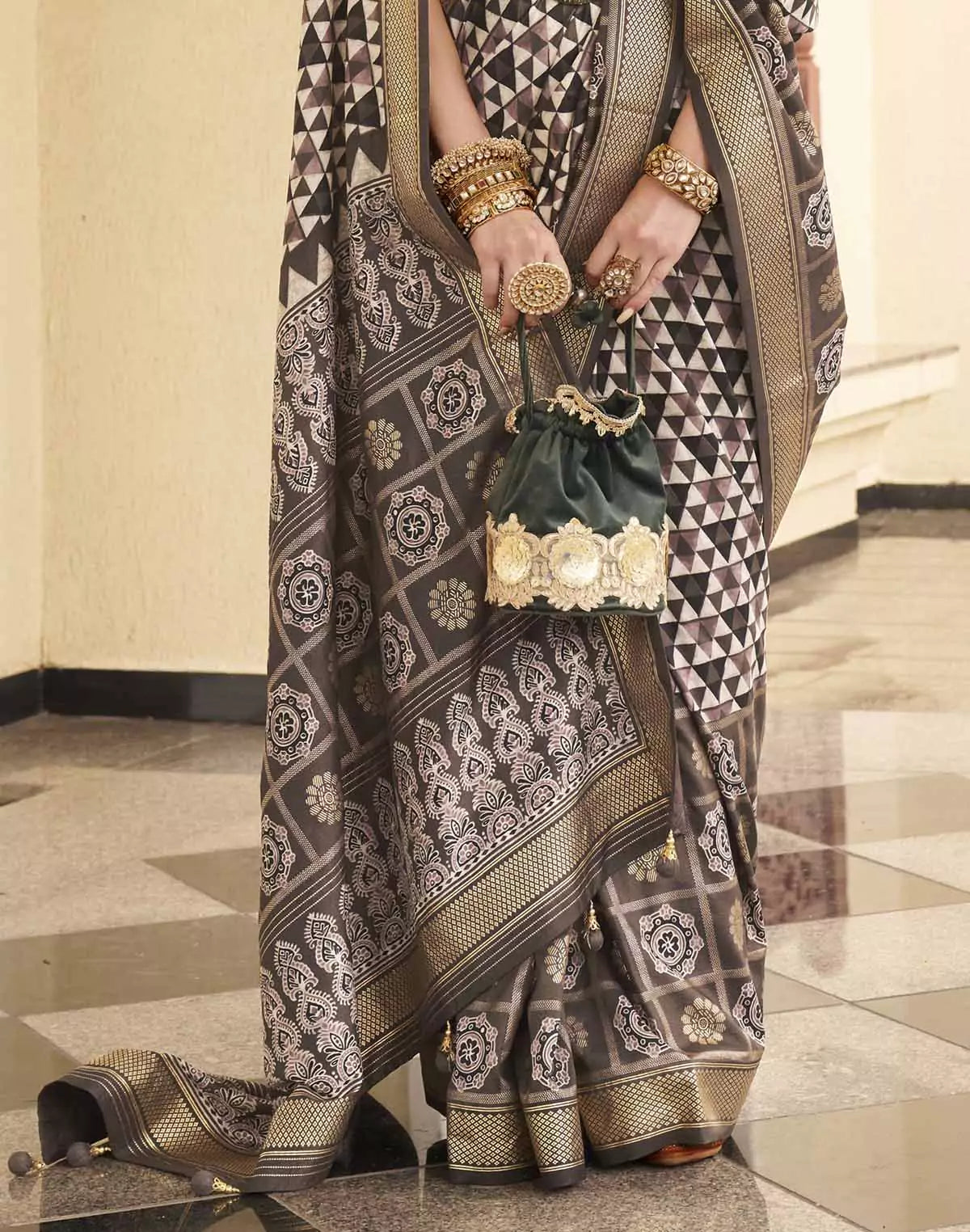 Classic Dark Brown Geometric Print Soft Silk Saree