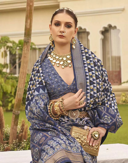 Navy Blue digital print Soft Silk Saree