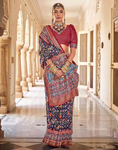 Navy Blue Ikat Pattern Patola Silk Saree