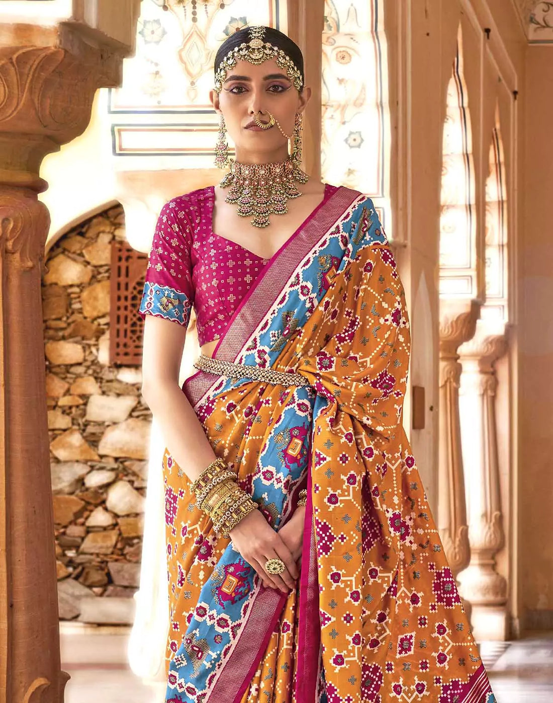 Mustard and Pink Woven Patola Saree