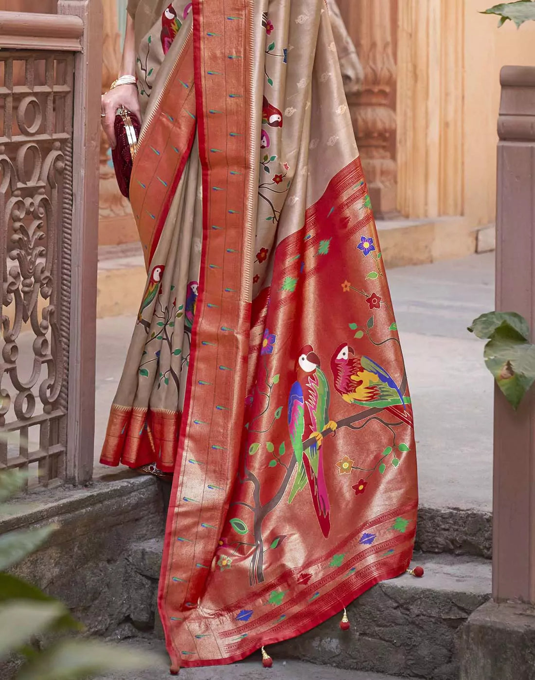 Cream and Red Paithani Soft Banaras Saree