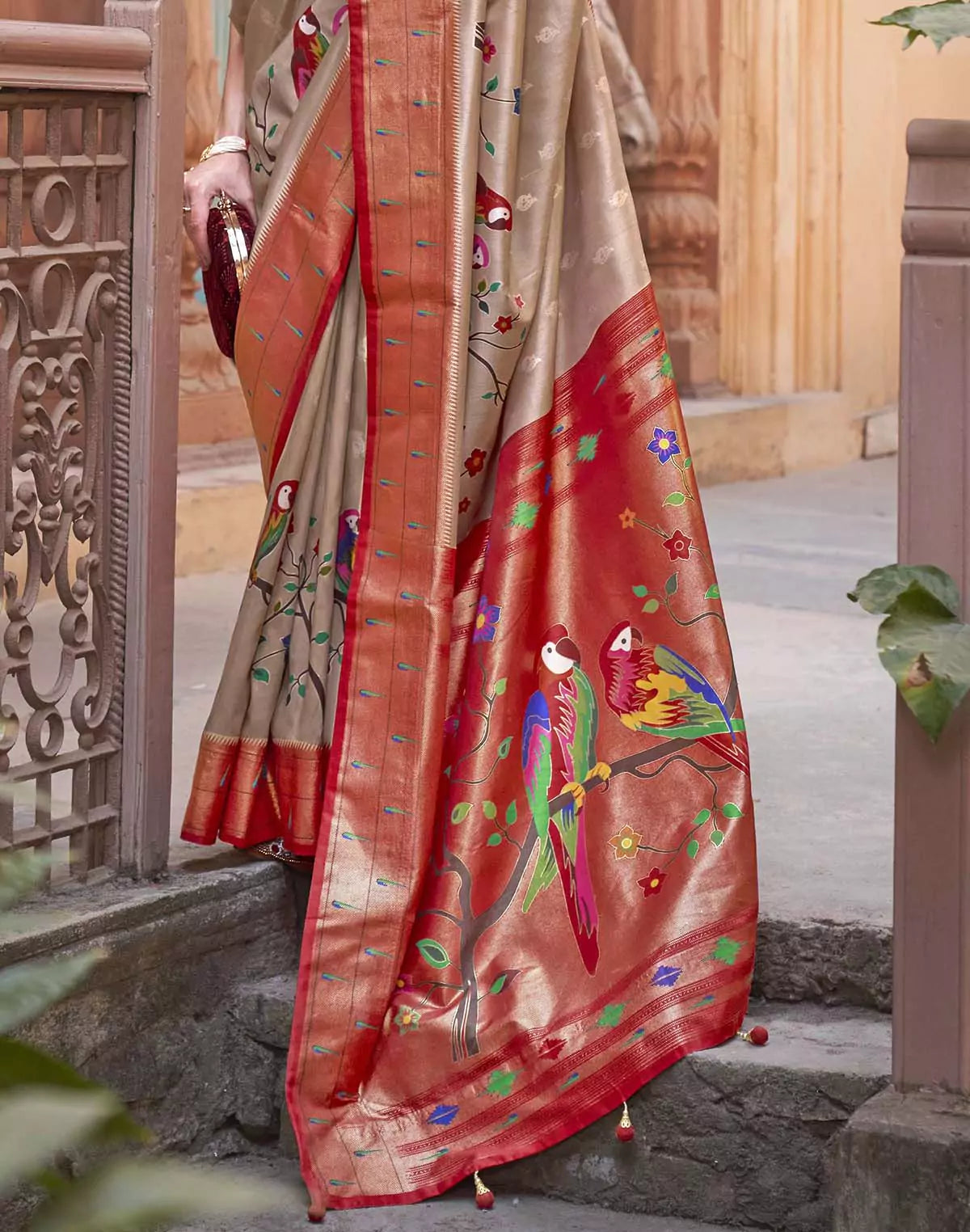 Cream and Red Paithani Soft Banaras Saree
