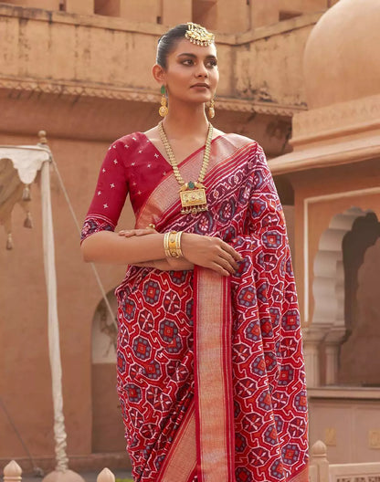Red Ikat Print Patola Saree with Contrast Zari Border