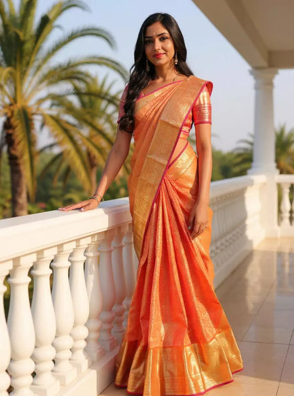Orange Floral Golden Zari Kanchi Pattu Saree with Skut Border