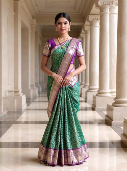 Green Floral Kanchi Pattu Saree with Contrast Silver Zari Border