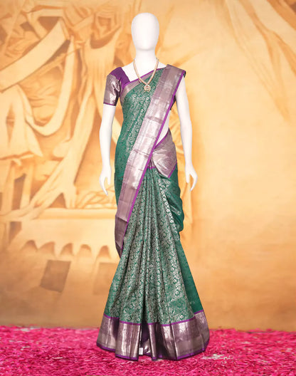 Green Floral Kanchi Pattu Saree with Contrast Silver Zari Border