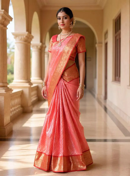 Peach Floral Golden Zari Jaal Kanchi Pattu Silk Saree