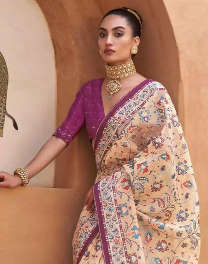 Beige and Violet Floral Hand Painted Brasso Saree