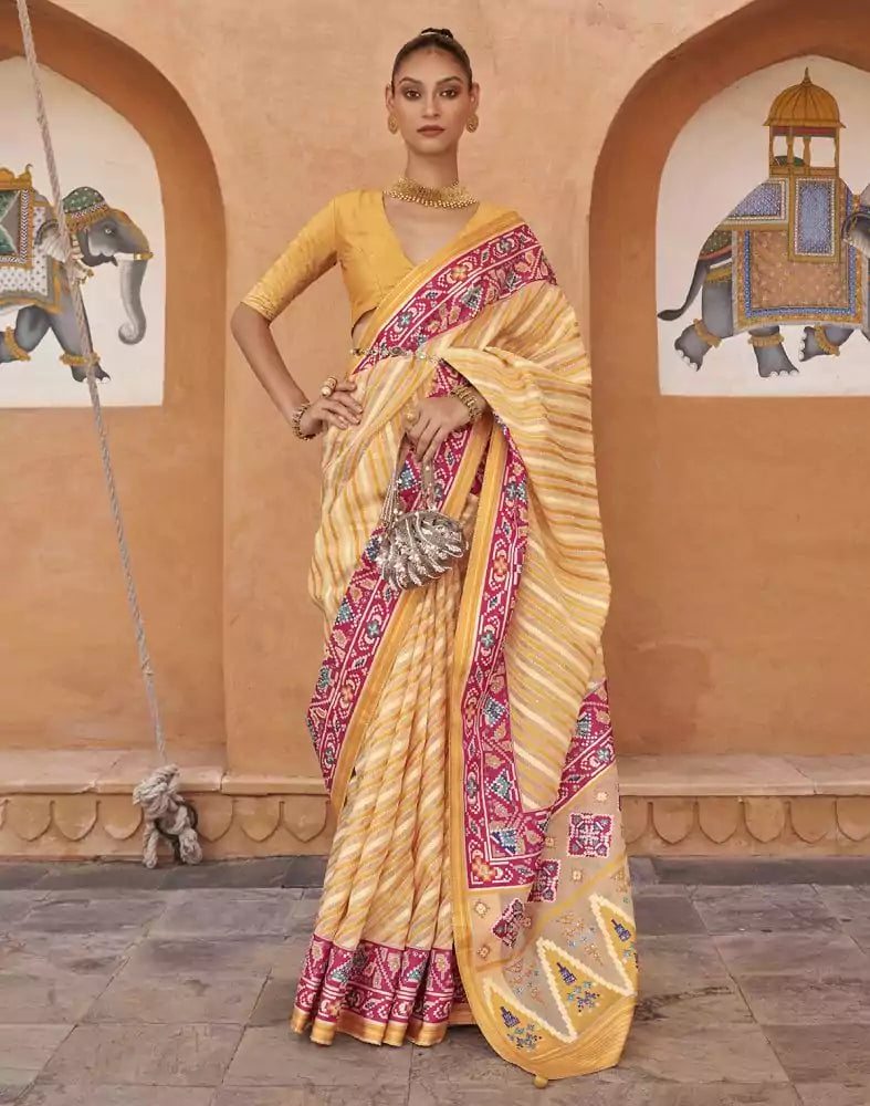Mustard Stripes Pattern Hand Painted Brasso Saree