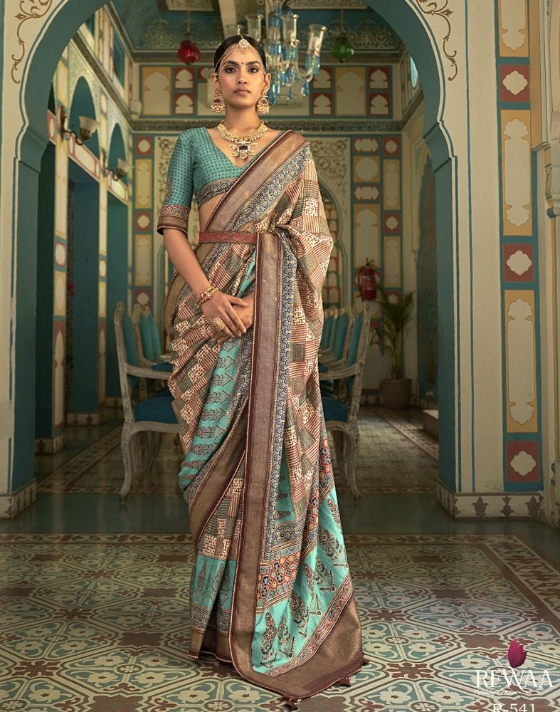 Light Brown Geometric Print Banaras Silk Patola Saree