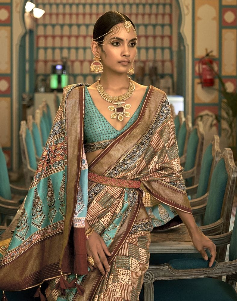 Light Brown Geometric Print Banaras Silk Patola Saree