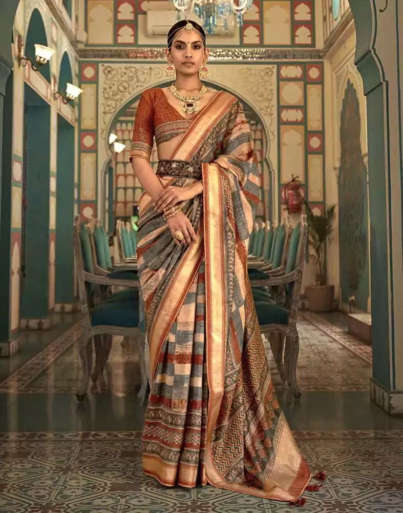 Grey Checks Pattern Banaras Silk Patola Saree