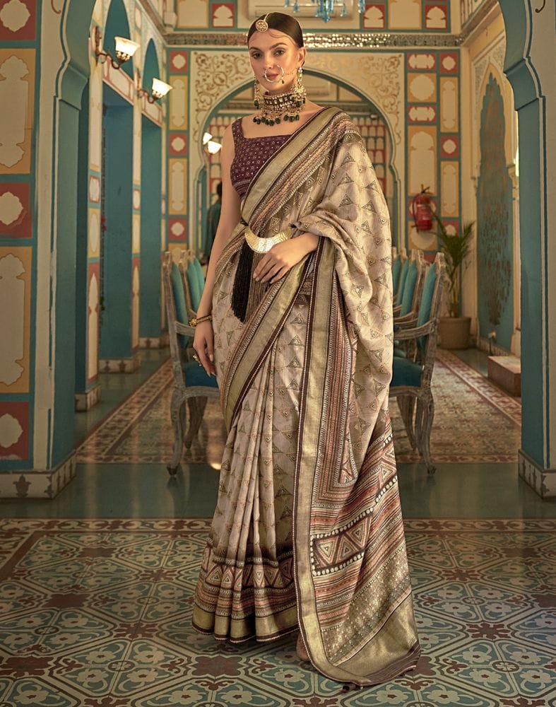 Beige Geometric Print Banaras Silk Patola Fabric Saree