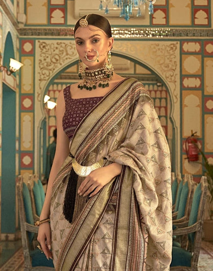 Beige Geometric Print Banaras Silk Patola Fabric Saree