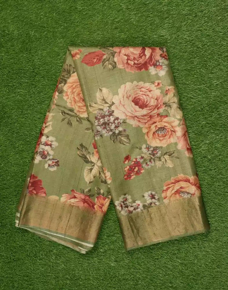 Mehendi Green Floral Printed Jute Saree
