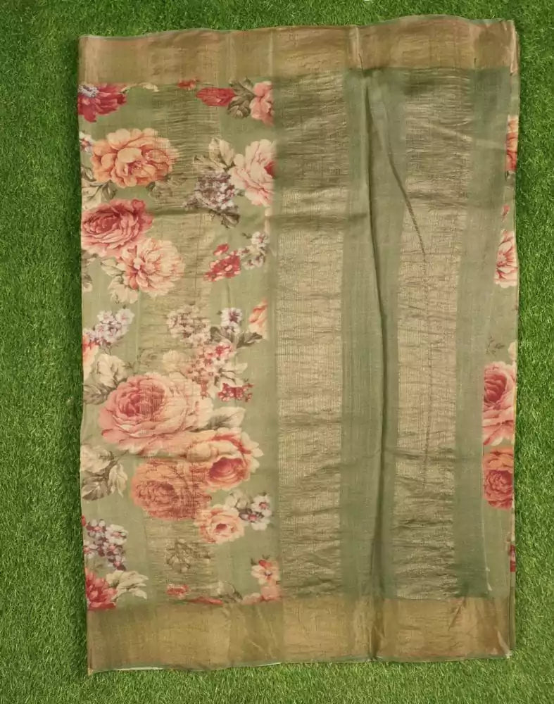 Mehendi Green Floral Printed Jute Saree