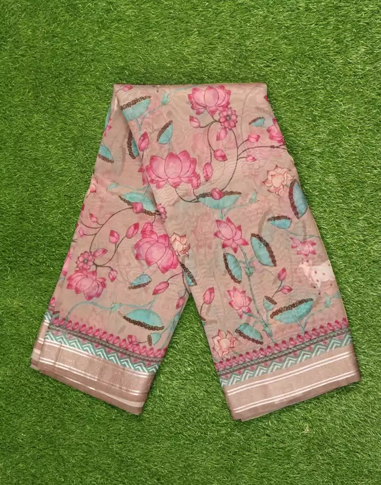 Grey Coloured Floral Pattern Organza Saree