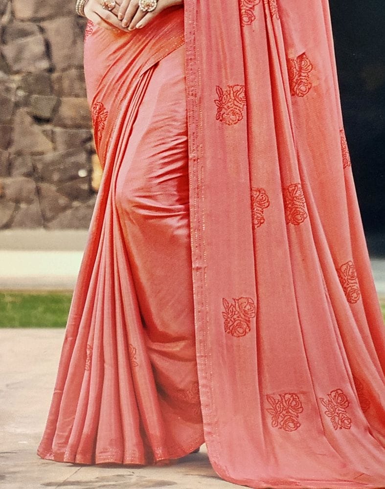 Peach Plain Satin Stones Work Saree