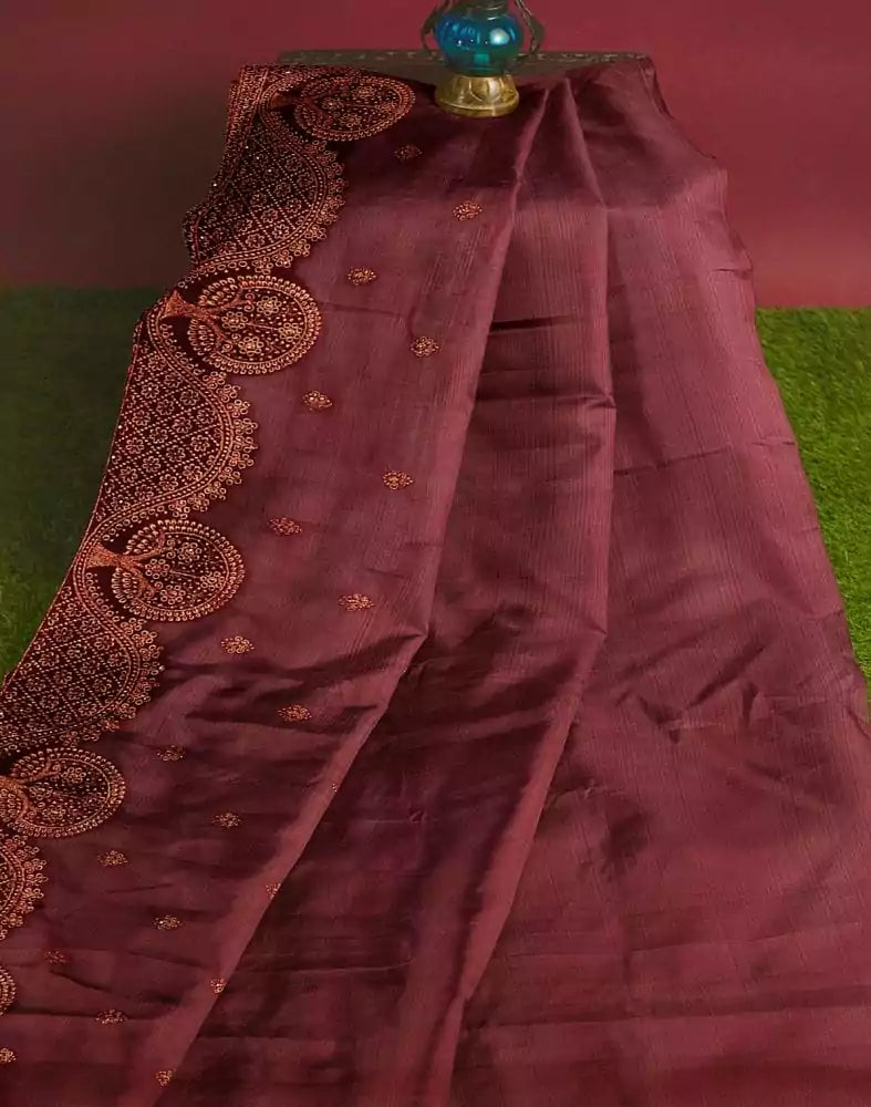 Maroon Floral Embroidery work Chiffon Saree