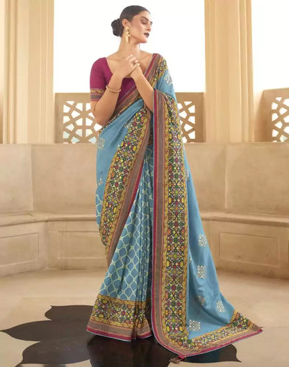 Sky Blue Geometric Print Dola Silk Saree