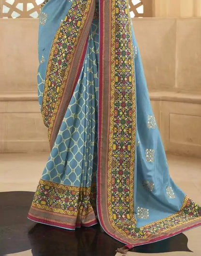 Sky Blue Geometric Print Dola Silk Saree