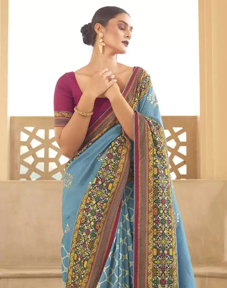 Sky Blue Geometric Print Dola Silk Saree