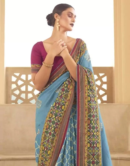 Sky Blue Geometric Print Dola Silk Saree