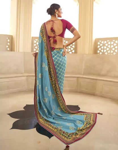 Sky Blue Geometric Print Dola Silk Saree