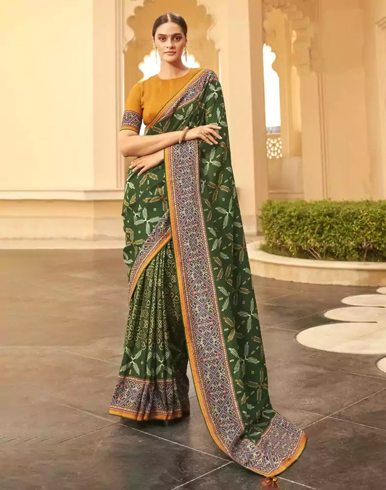 Dark Green Floral Print Dola Silk Saree