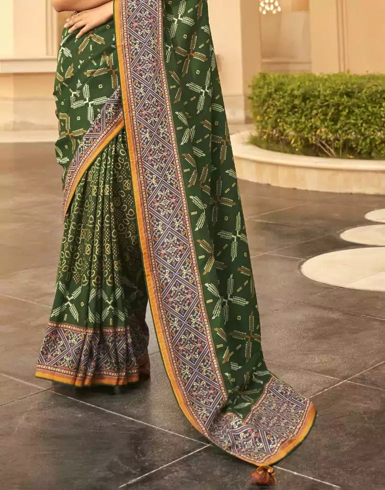 Dark Green Floral Print Dola Silk Saree