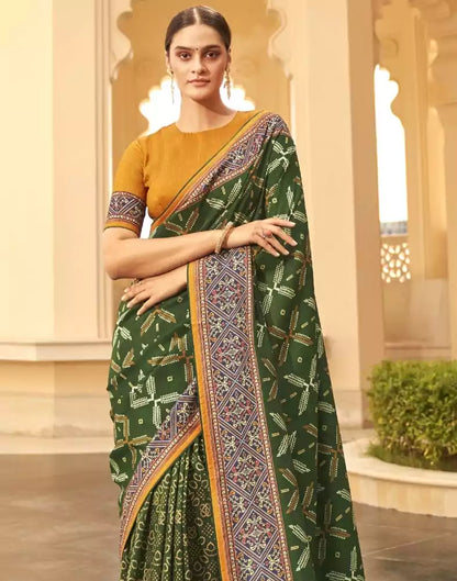 Dark Green Floral Print Dola Silk Saree