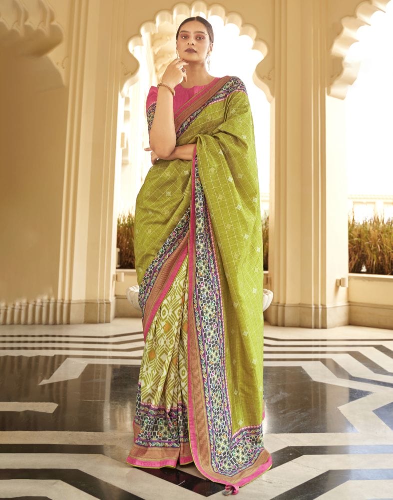 Light Green Checks Dola Silk Fabric Saree