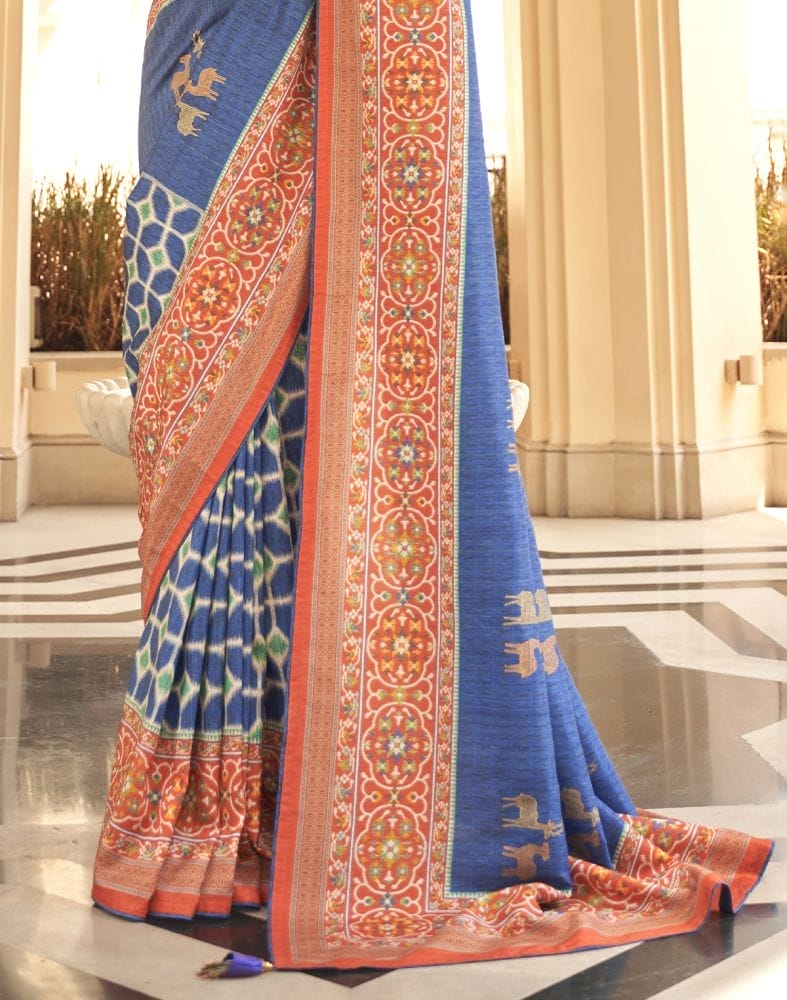 Blue Ikat Print Dola Silk Fabric Saree