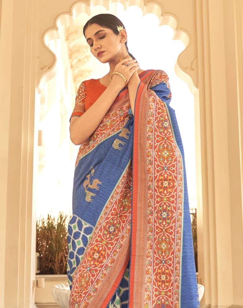 Blue Ikat Print Dola Silk Fabric Saree