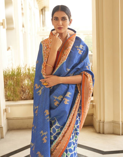 Blue Ikat Print Dola Silk Fabric Saree