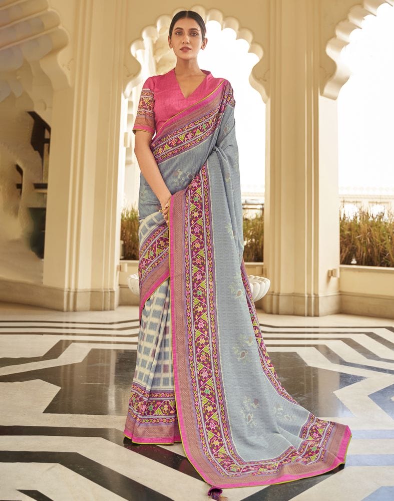 Light Grey Floral Print Dola Silk Saree