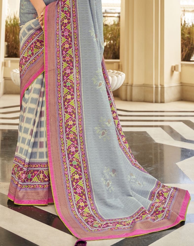 Light Grey Floral Print Dola Silk Saree